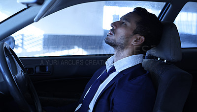 Buy stock photo Car, sad and fired businessman from work, retrenched and unemployed in vehicle. Depression, lay off and stress corporate man person in parking lot, termination of contract and hopeless in transport 