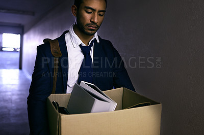 Buy stock photo Businessman, fired and sad or stress with box in corridor with unemployment, dismissal and fail. Professional, employee and helpless in work building with bag, leaving and disappointed or depression
