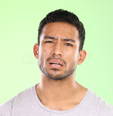 Buy stock photo Question, why and confused portrait of man with doubt in studio on pastel green background and thinking. Stupid, faq and person problem solving with puzzle, challenge or conflict in mock up space