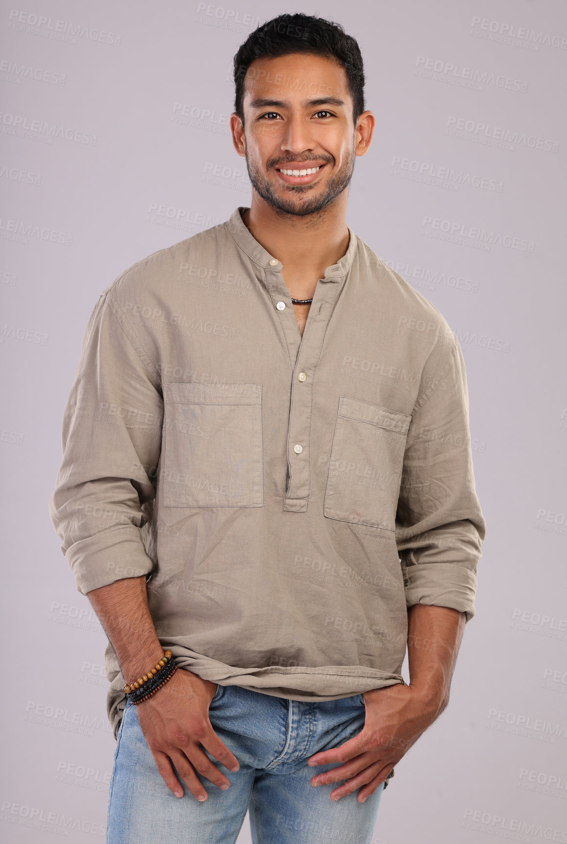 Buy stock photo Happy, confident and portrait of a handsome Asian man isolated on a grey background in a studio. Fashion, stylish and young Japanese model in fashionable, cool and attractive clothes on a backdrop