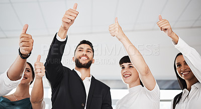 Buy stock photo Thumbs up, winning and group people success, support or thank you hands sign. Yes, like or winner of business team, employees or worker with vote, agreement and well done emoji in collaboration below