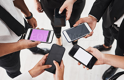 Buy stock photo Phone, hands and business people group networking, sharing and data exchange while standing in a circle. Smartphone, people and internet, search and web browsing for creative, planning and online app