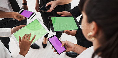 Buy stock photo Hands, green screen and technology with a business group in studio isolated on a white background for communication or networking. Tablet, phone and mockup with an employee team on blank space