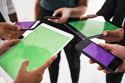 Buy stock photo Hands, green screen and mockup with a business team in studio isolated on a white background for communication or networking. Tablet, phone and technology with an employee group on blank space