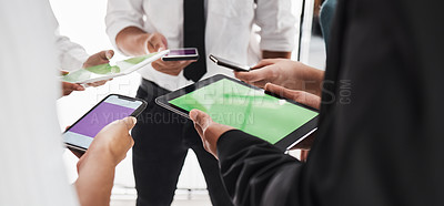 Buy stock photo Hands, green screen and technology with a business team in studio isolated on a white background for communication or networking. Tablet, phone and mockup with an employee group on blank space