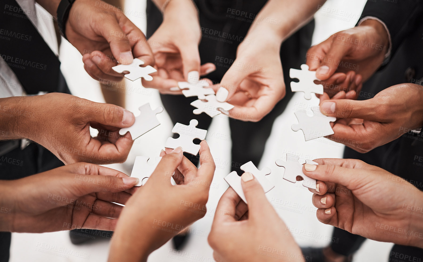 Buy stock photo Hands, puzzle and business people collaboration, teamwork and integration closeup for planning. Team, hand and synergy with problem solving, partnership and people connecting to support innovation