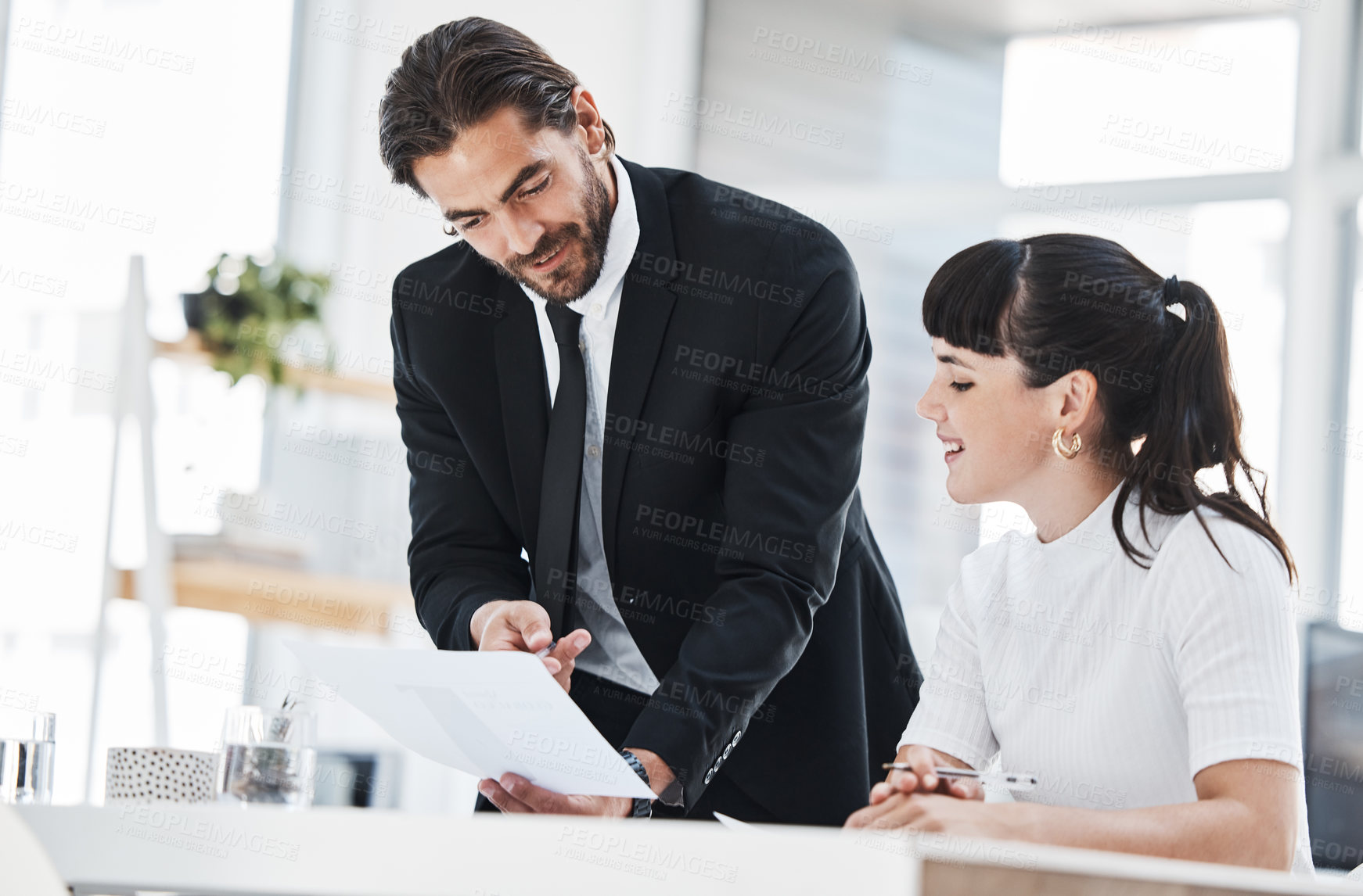 Buy stock photo Business people, paperwork discussion and team planning finance report, sales presentation or financial management leader in office. Teamwork, conversation and documents analysis for business meeting