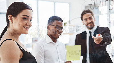 Buy stock photo Business people, brainstorming and focus by glass board at office meeting with woman, businessman or happiness. Corporate, sticky note and coaching for strategy, team building or company success