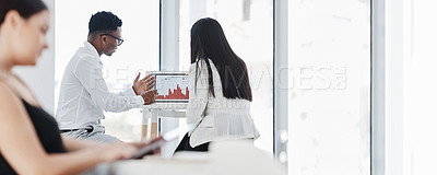 Buy stock photo Finance, data and business people in a meeting with a laptop for planning, charts and company stats. Teamwork, strategy and employees in communication about economy information on a computer