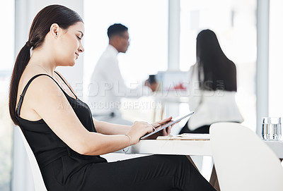 Buy stock photo Woman, corporate office and tablet for reading, planning or schedule at desk with business people. Young executive, mobile touchscreen tech and relax on break with social network, web video or ebook