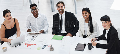Buy stock photo Business people, team and happiness portrait for planning finance report, sales presentation or financial management. Teamwork, happy corporate meeting and startup reports analysis for target goals