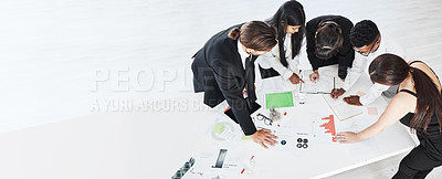 Buy stock photo Meeting, finance and planning with a business team working around a table in the boardroom from above. Accounting, documents and teamwork with a man and woman employee group at work in an office