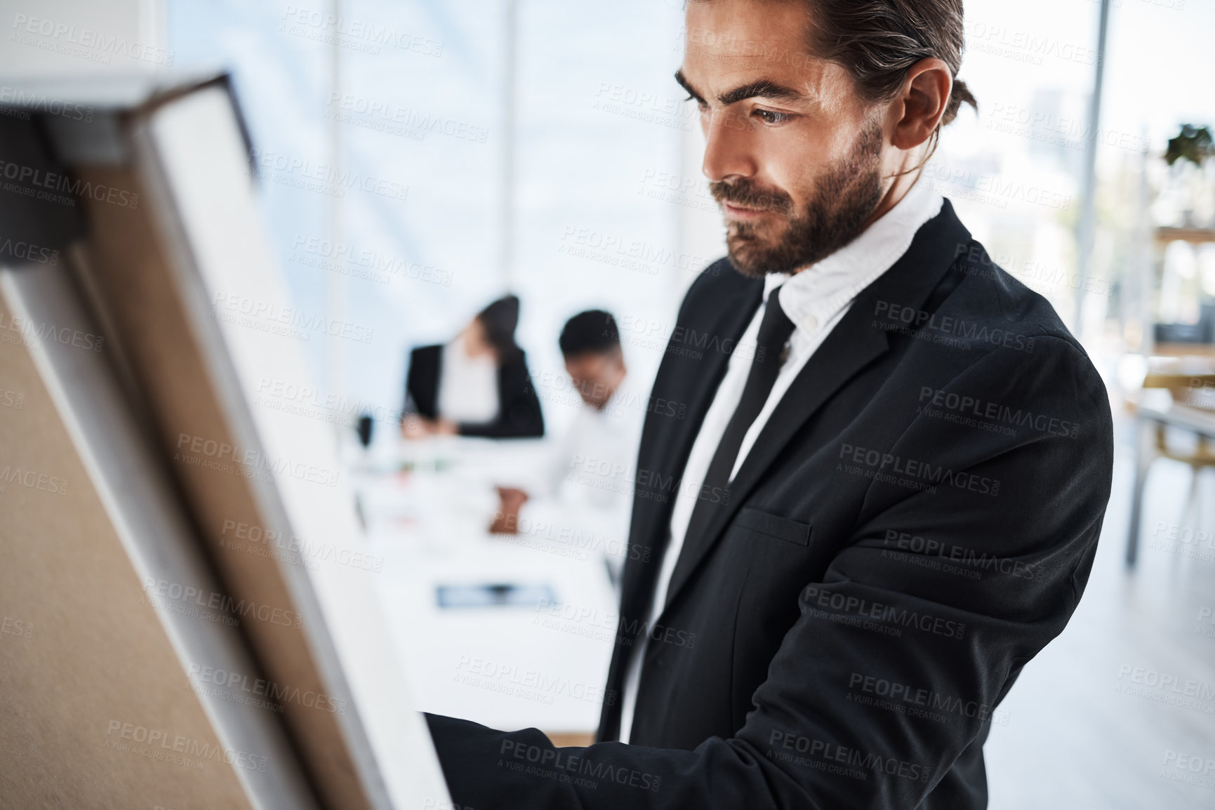Buy stock photo Planning, brainstorming and strategy by a businessman or CEO working on company future or goal. Madrid, manager and innovation by corporate employee or leader for development at work
