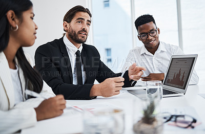 Buy stock photo Business people, meeting or teamwork collaboration and laptop, data chart or infographic analytics in boardroom. Talking manager, CEO or leadership on technology for global company or growth planning