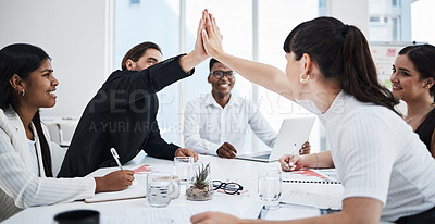 Buy stock photo Business meeting, high five and teamwork success for target goals, report management and sales analysis in office. Team, hands celebrate and happiness for corporate achievement or growth motivation