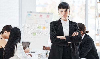 Buy stock photo Leader woman, portrait and business people in office, meeting and glasses for leadership vision. Corporate executive, focus and standing by desk for teamwork, collaboration and company success