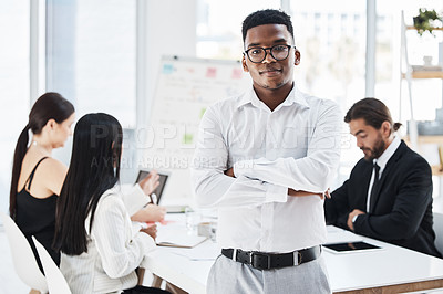 Buy stock photo Black man, leader and portrait with business people in meeting, discussion or strategy for company vision. Businessman, arms crossed and focus in office for success, career mission or corporate goals