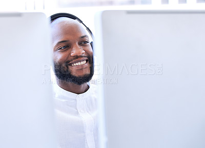 Buy stock photo Business, black man and call center for customer support, telemarketing and consulting. African American male employee, consultant and agent with smile, computer and client service for advice or help