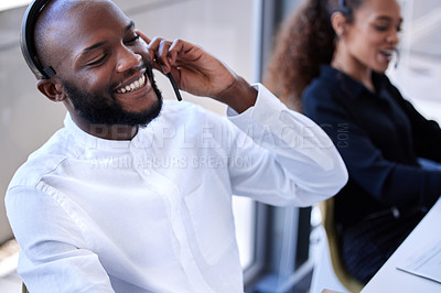 Buy stock photo Black man, face and smile with headset in call center, contact us with CRM and phone call with client. Communication, customer service with telemarketing and tech support, happy man on help desk