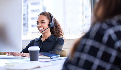 Buy stock photo Call center, customer service and support with a business black woman consulting in her telemarketing office. Computer, contact us or sales with a female employee working as a consultant in a company