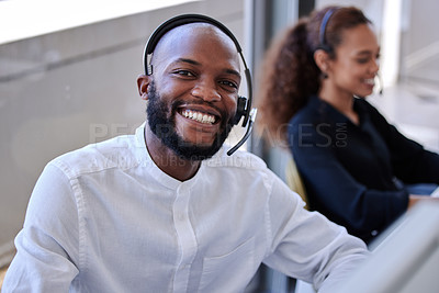 Buy stock photo Black man, call center and office portrait with smile, communication and customer service. Happy crm expert, contact us and telemarketing agent with voip tech, talking and consulting job with woman