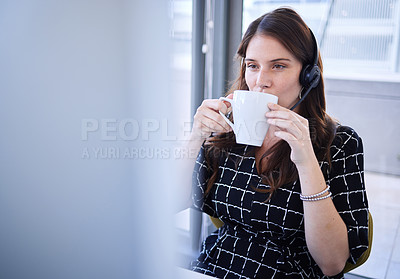 Buy stock photo Call center, coffee and person thinking of sales, telemarketing or crm strategy on her computer. Telecom, online financial advisor or virtual support agent, consultant or woman drinking tea for ideas