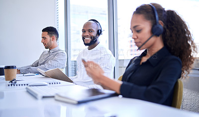 Buy stock photo Call center, telemarketing and black man consultant with sales success, teamwork and telecom communication. Technical support agent, customer services and confident people portrait for crm planning