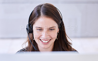 Buy stock photo Woman, call center and smile with computer for customer service, advice and conversation while reading screen. Crm expert, consulting job or telemarketing agent with voip tech, happy and contact us