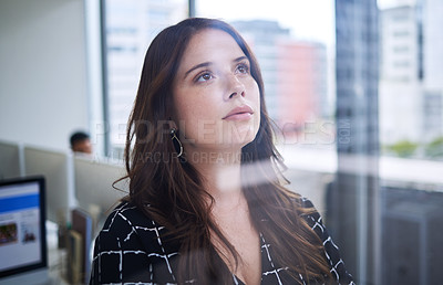 Buy stock photo Thinking, planning and business woman with ideas, goal and vision for work in office. Strategy, opportunity and corporate law employee with a dream of working at an executive company at a window