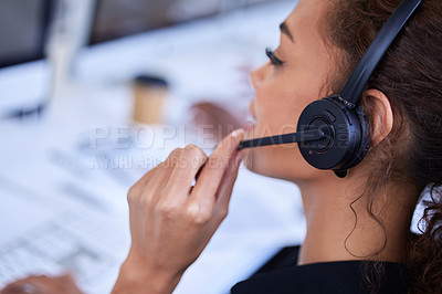 Buy stock photo Woman, call center and communication for customer service, advice and conversation with headset microphone. Crm expert, contact us and telemarketing agent with voip tech, talking and consulting job
