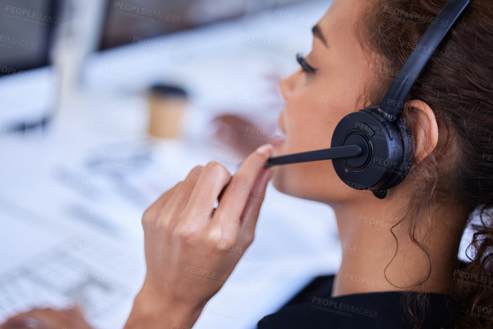 Buy stock photo Woman, call center and communication for customer service, advice and conversation with headset microphone. Crm expert, contact us and telemarketing agent with voip tech, talking and consulting job