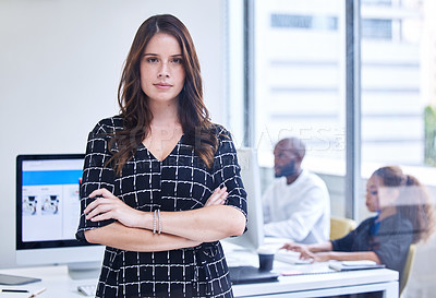 Buy stock photo Business woman, focus portrait and leader success for goals management and corporate vision crossed arms in office. Female manager, serious face and leadership motivation or target growth mindset