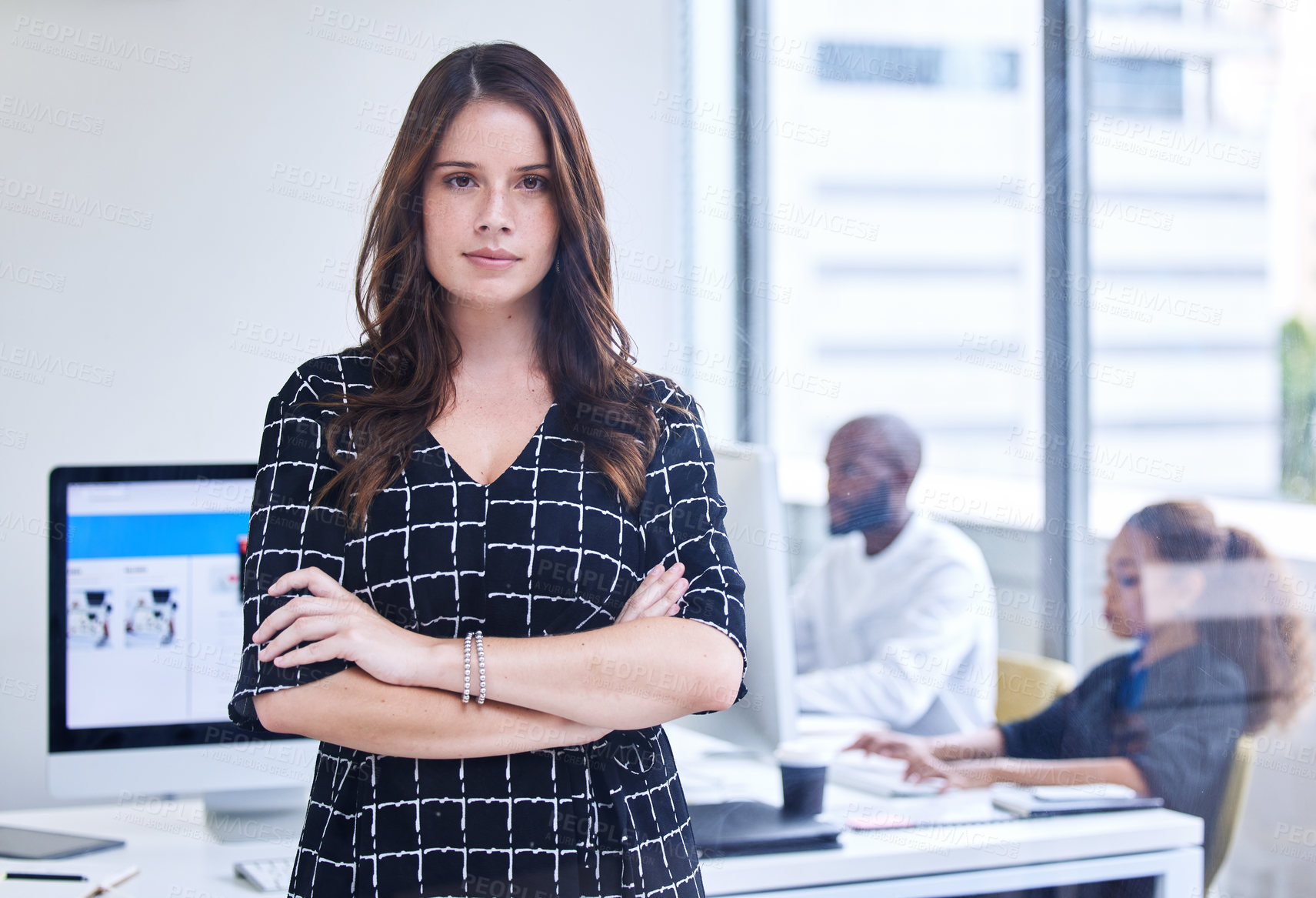 Buy stock photo Business woman, focus portrait and leader success for goals management and corporate vision crossed arms in office. Female manager, serious face and leadership motivation or target growth mindset
