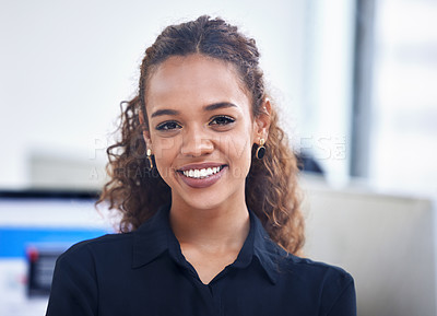 Buy stock photo Black business woman, smile portrait and success for leadership management, goals vision and happiness in office. African woman, corporate manager and happy face, positive mindset or trust motivation