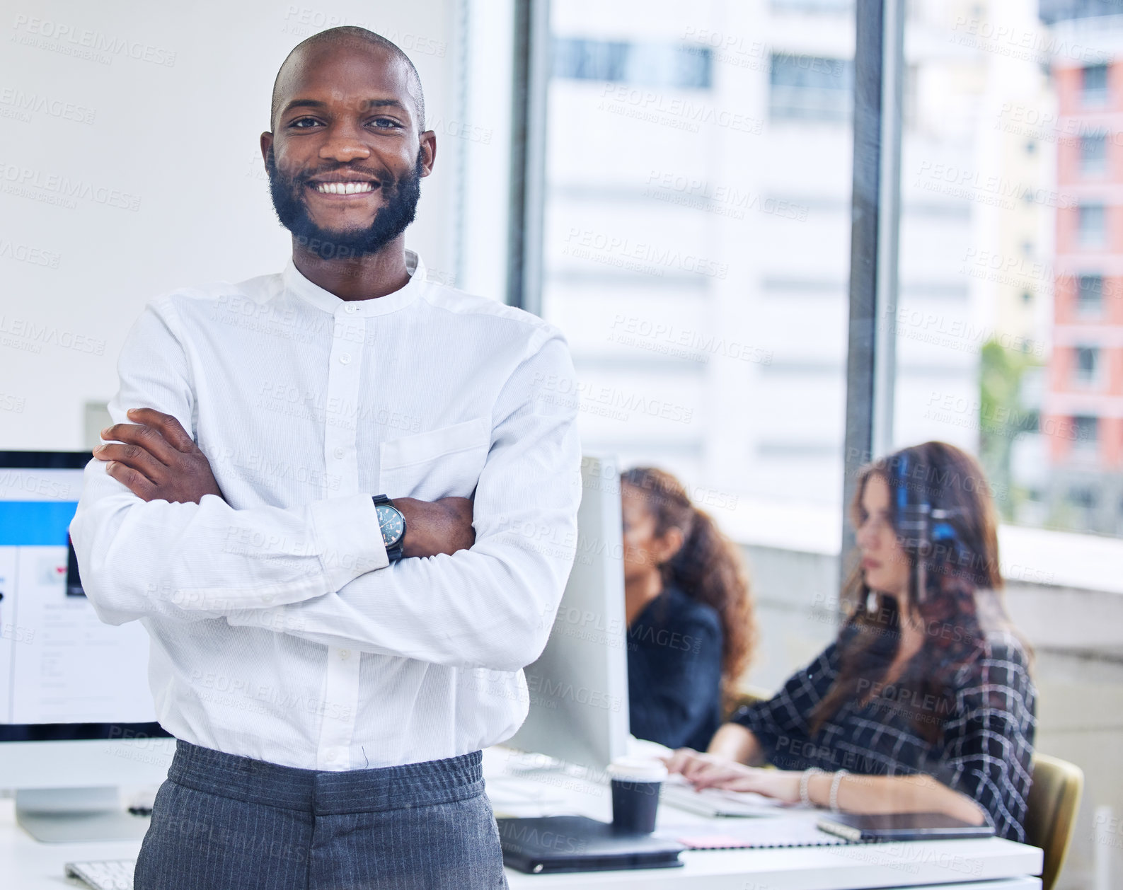 Buy stock photo Business man, portrait or office worker smiling, happy and confident as agency or company leader. African American, startup ceo and corporate male entrepreneur at work excited by mission