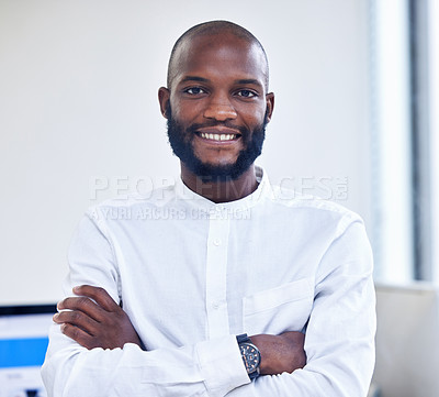 Buy stock photo Black businessman, portrait and employee in an office smiling, happy and confident as a company leader. Manager, startup and corporate worker or entrepreneur at work excited by future