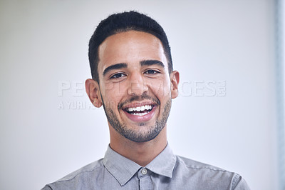 Buy stock photo Businessman, portrait and face of a worker in a office ready for working. Happy, smile and work employee from London in creative tech designer company feeling calm in workplace with job happiness