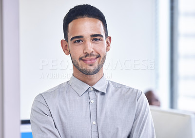Buy stock photo Businessman, portrait and web design worker in a office ready for working. Happy, smile and work employee in a creative tech designer company feeling calm about workplace and coworking space