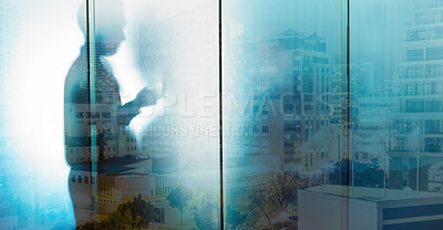 Buy stock photo Glass, silhouette and businessman with city overlay in office, writing and thinking, goal and strategy. Double exposure, shadow and man entrepreneur planning, creative and motivation for innovation