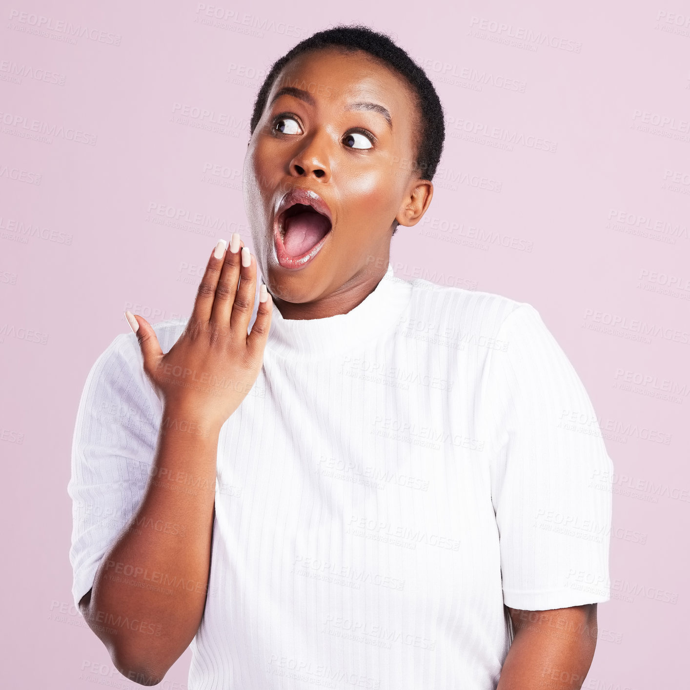 Buy stock photo Studio shot of a young woman showing a surprised gesture against a pink background