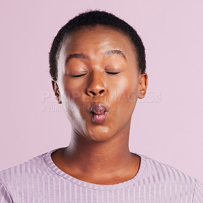 Buy stock photo African woman, pout and eyes closed with studio background for emoji or funny face. Female person or model and kiss or funny mouth expression for meme, humour and comedy with goofy pose on backdrop