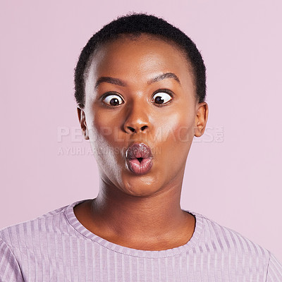 Buy stock photo Female person, funny and squinting eye with pink studio background in closeup in africa with emoji and closeup. Woman, eyes and silly faces and mouth with meme and weird expression for comedy.