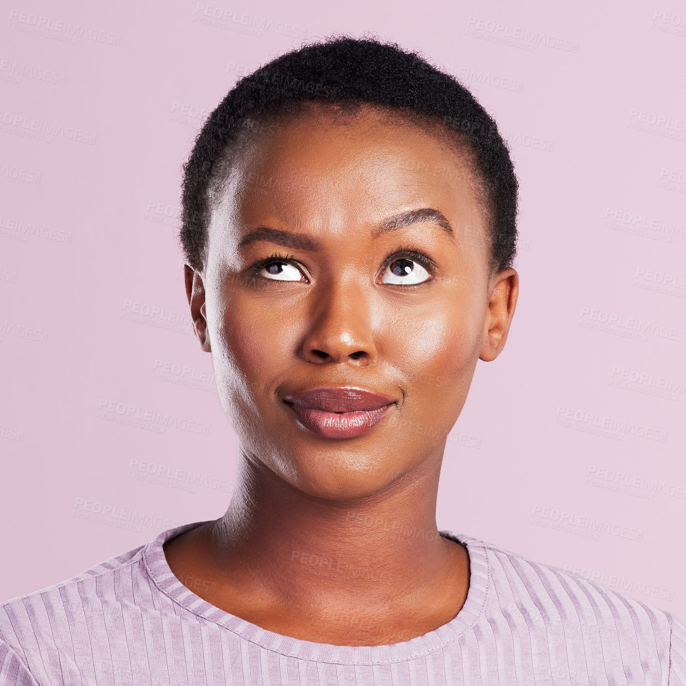 Buy stock photo Woman, annoyed and face in pink studio background with skin in africa for emoji. Female person, silly and faces with eye roll with thinking expression for beauty and skincare with smile for youth.