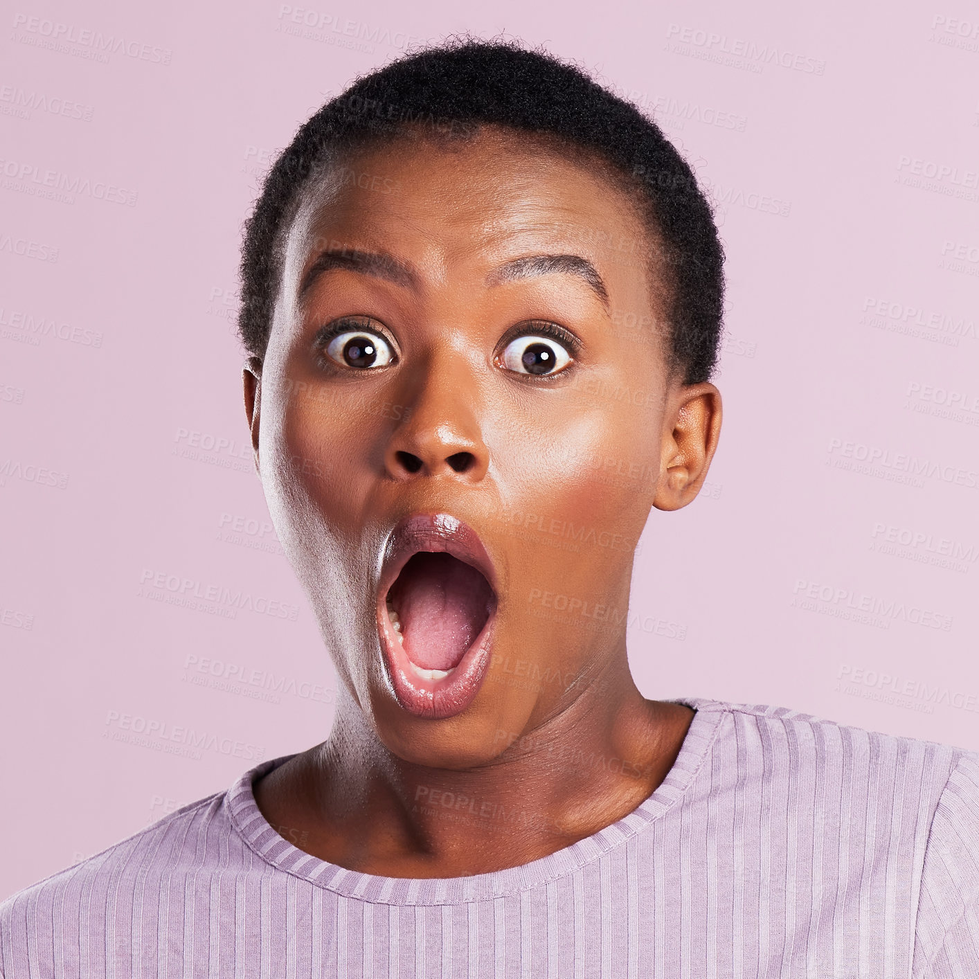 Buy stock photo Portrait, surprise or black woman with shock, wow or scared expression for gossip news or studio sale. Pink background, open mouth or African girl in disbelief for announcement, fear or discount deal