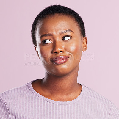 Buy stock photo Studio, student and African woman, bored and eye roll for results of exam in college, Gen z and thinking. Pink background, university and scholarship of girl for course in academy and uninterested