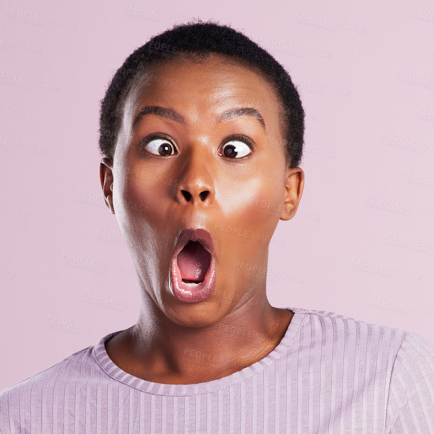 Buy stock photo Woman, squinting and portrait in pink studio background with closeup in africa on emoji. Female person, face and squint eyes with funny expression for comedy with goofy girl with joy and humour. 