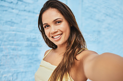 Buy stock photo Summer, walk and girl with selfie by wall for portrait in warm weather on vacation for leisure or relaxation, road trip and journey. Woman, sunny and holiday in Brazil for adventure, travel and break