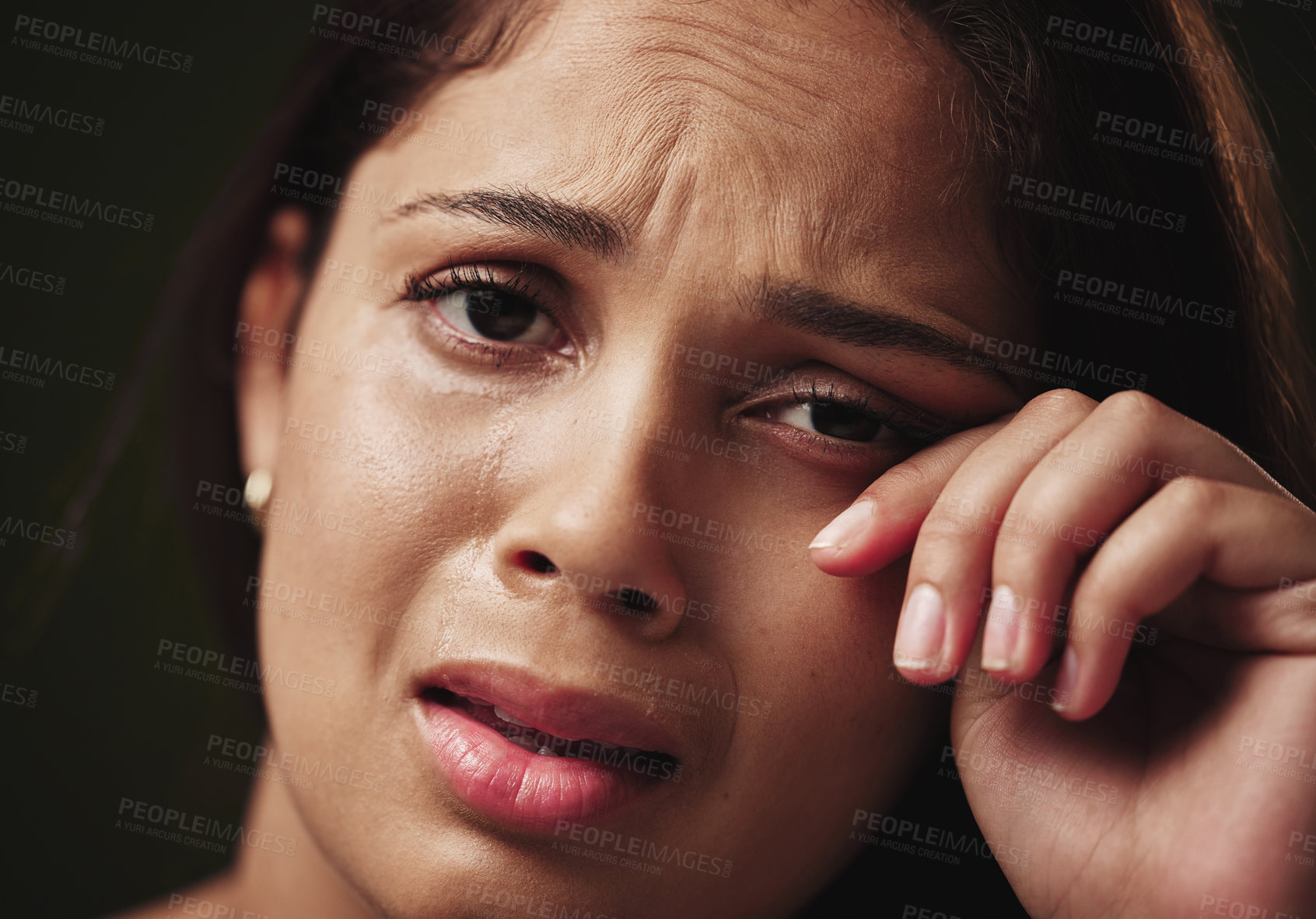 Buy stock photo Woman, portrait and crying for mental health with anxiety, frustrated and depression from unemployment crisis. Tears, stress and sad gen z girl in apartment for heartbreak pain, love fail and breakup