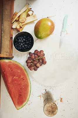 Buy stock photo Shot of a flat-lay containing an assortment of fresh fruit