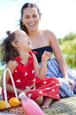 Buy stock photo Family, picnic and mother with girl, funny and happiness with smile and bonding together with sunshine. Outdoor, single parent or mama with daughter or childhood with fun or summer with weekend break